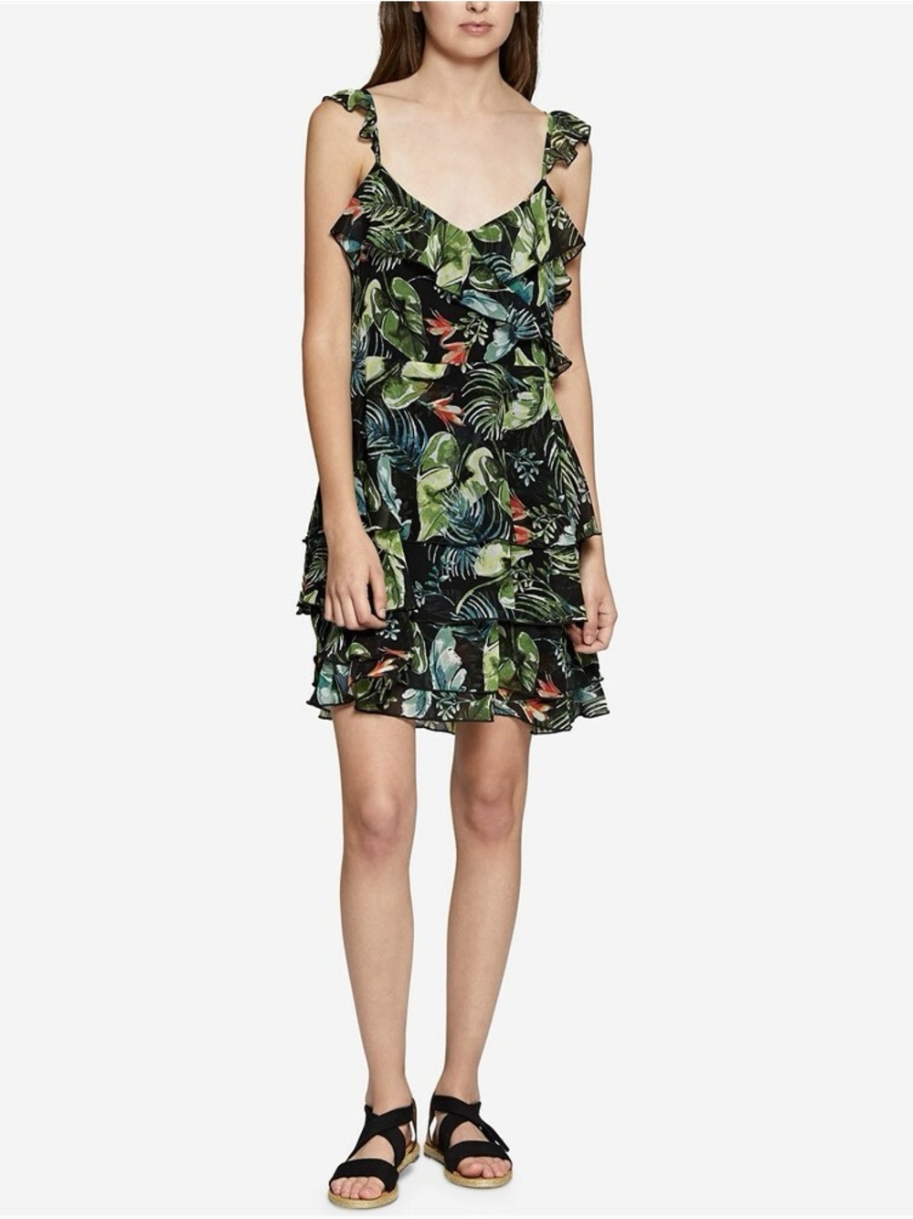 Sanctuary Tropical Ruffle Mini Dress in Black & Green